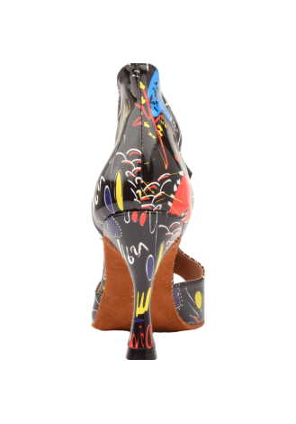 Stylish black Latin rhythm dance shoes with a unique graffiti print and ankle straps.