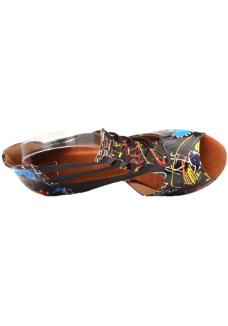 Stylish black Latin rhythm dance shoes with a unique graffiti print and ankle straps.