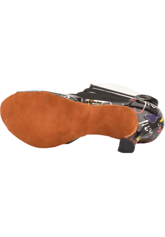 Stylish black Latin rhythm dance shoes with a unique graffiti print and ankle straps.