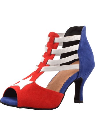 Red and blue Latin rhythm dance shoes with white straps and star detail.