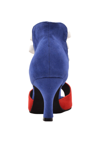 Red and blue Latin rhythm dance shoes with white straps and star detail.
