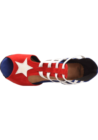 Red and blue Latin rhythm dance shoes with white straps and star detail.