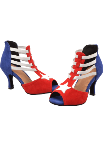 Red and blue Latin rhythm dance shoes with white straps and star detail.