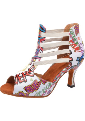 Stylish white Latin rhythm dance shoes with a graffiti print.