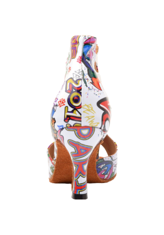 Stylish white Latin rhythm dance shoes with a graffiti print.