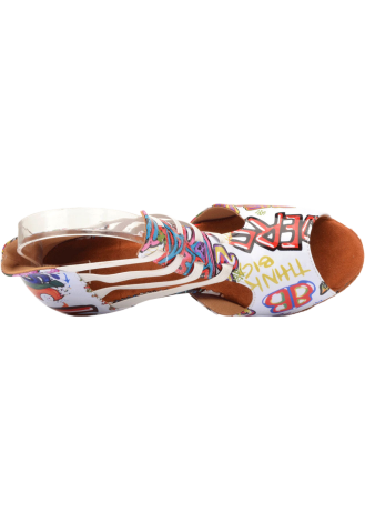 Stylish white Latin rhythm dance shoes with a graffiti print.
