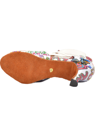 Stylish white Latin rhythm dance shoes with a graffiti print.