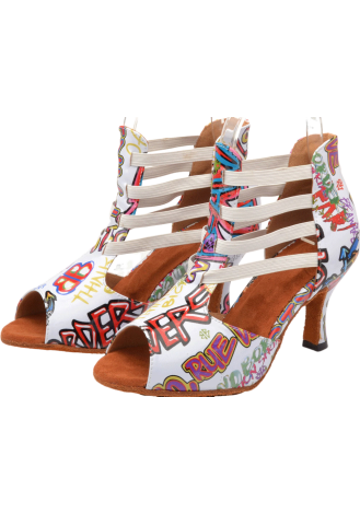 Stylish white Latin rhythm dance shoes with a graffiti print.