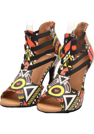 Vibrant Latin rhythm dance shoes with a geometric print. Perfect for the dance floor.