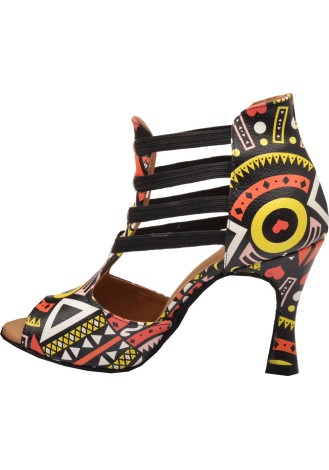 Vibrant Latin rhythm dance shoes with a geometric print. Perfect for the dance floor.