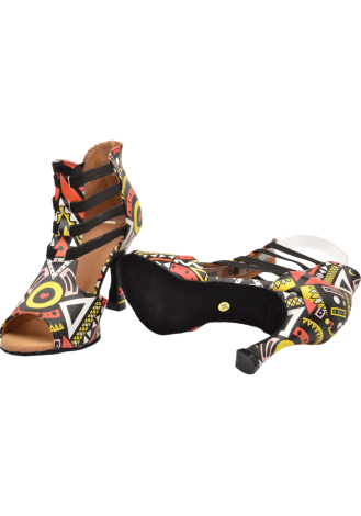 Vibrant Latin rhythm dance shoes with a geometric print. Perfect for the dance floor.