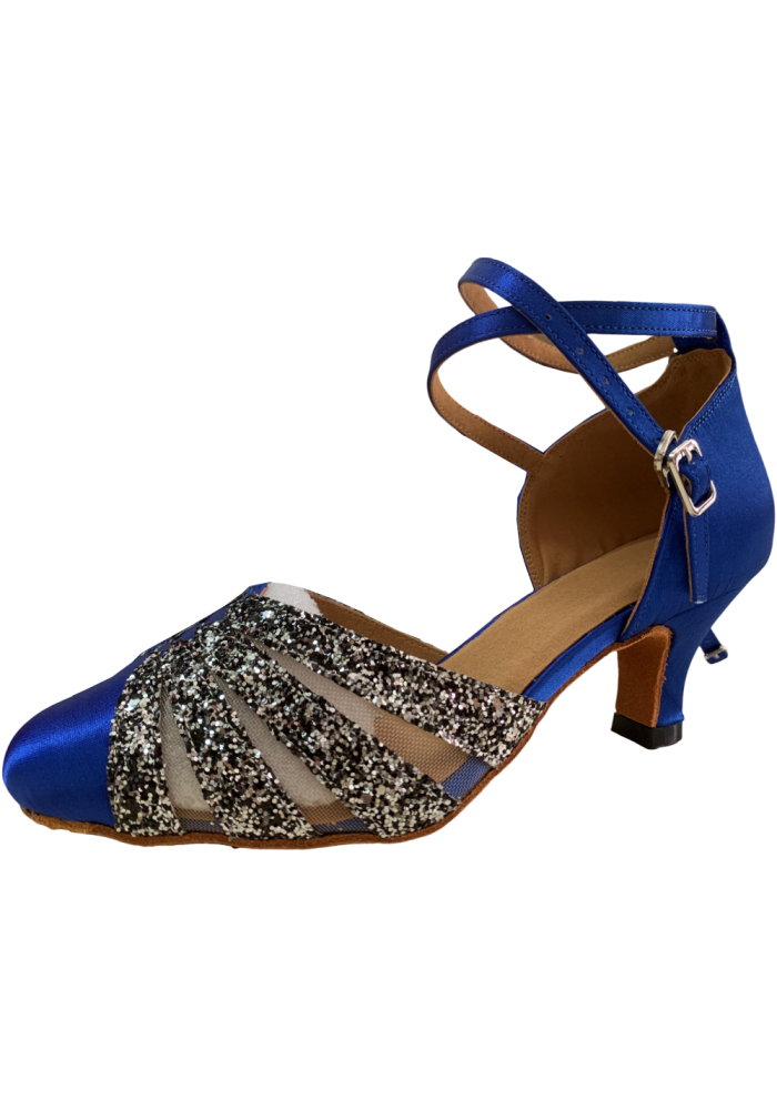 Stunning royal blue Latin rhythm dance shoes with silver glitter accents. Perfect for the dance floor.
