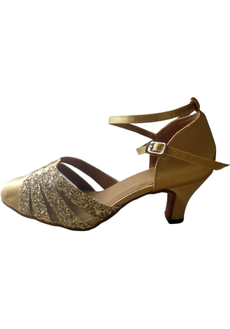 Gold Latin rhythm dance shoes with glitter detailing.