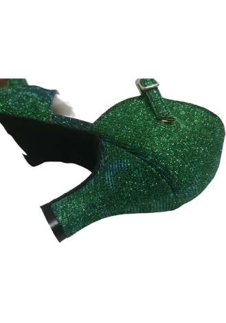 Sparkly green and blue Latin rhythm dance shoes.
