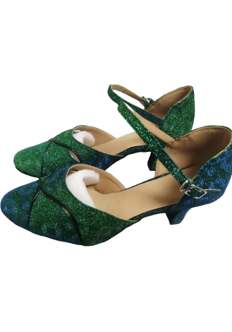 Sparkly green and blue Latin rhythm dance shoes.
