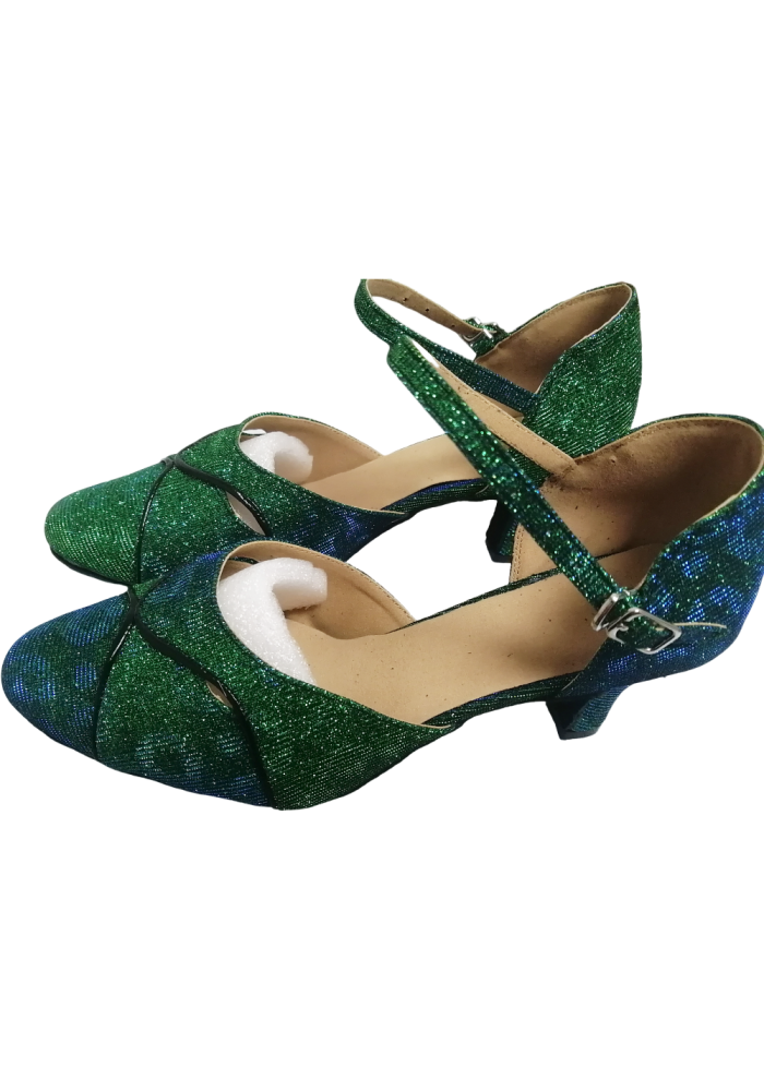 Sparkly green and blue Latin rhythm dance shoes.