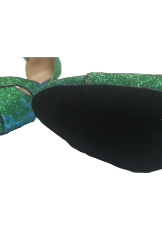 Sparkly green and blue Latin rhythm dance shoes.