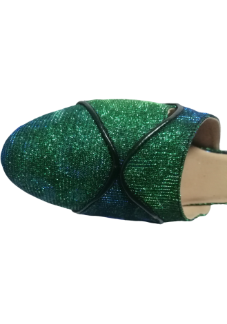Sparkly green and blue Latin rhythm dance shoes.