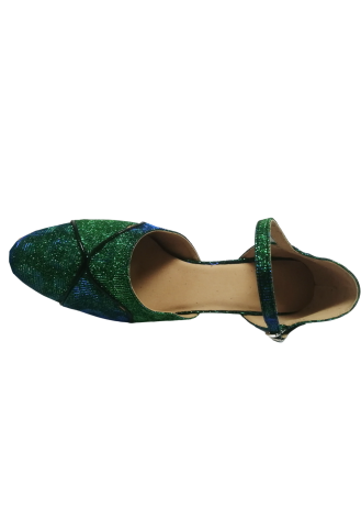 Sparkly green and blue Latin rhythm dance shoes.