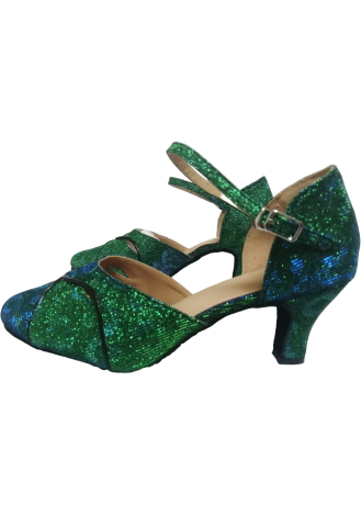 Sparkly green and blue Latin rhythm dance shoes.