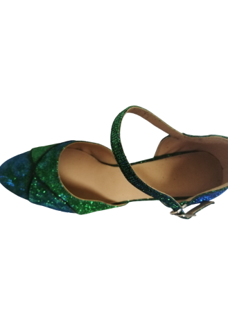 Sparkly green and blue Latin rhythm dance shoes.