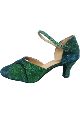 Sparkly green and blue Latin rhythm dance shoes.