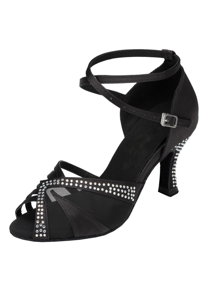 Elegant black Latin rhythm dance shoes with crystal embellishments. Perfect for the dance floor.