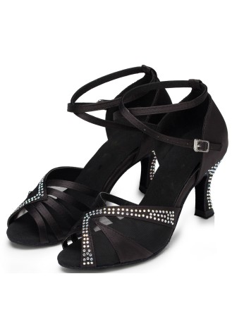 Elegant black Latin rhythm dance shoes with crystal embellishments. Perfect for the dance floor.