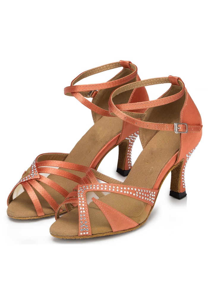Elegant coral Latin rhythm dance shoes with crystal embellishments. Perfect for the dance floor.