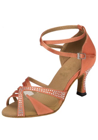 Elegant coral Latin rhythm dance shoes with crystal embellishments. Perfect for the dance floor.