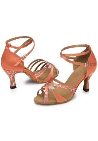 Elegant coral Latin rhythm dance shoes with crystal embellishments. Perfect for the dance floor.