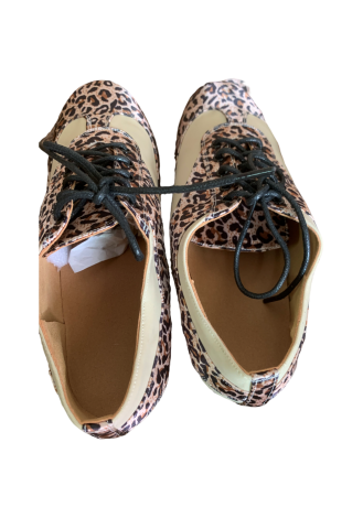 Stylish women\'s ballroom dance shoes with a leopard print detail.