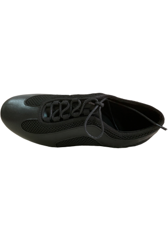 Black women\'s ballroom dance shoes with mesh detailing.