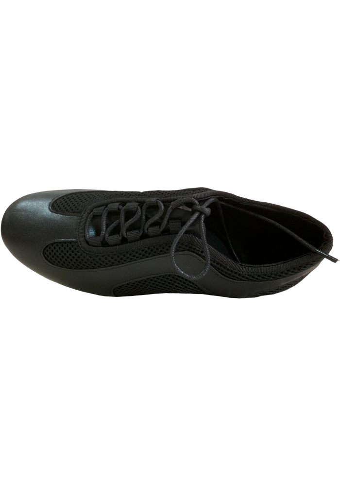 Black women\'s ballroom dance shoes with mesh detailing.