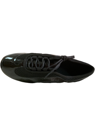 Stylish black ballroom dance shoes with a mesh and patent leather design.