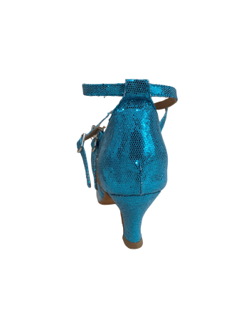 Sparkling blue Latin rhythm dance shoes with crisscross straps and a mesh toe. Perfect for your next performance.