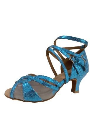 Sparkling blue Latin rhythm dance shoes with crisscross straps and a mesh toe. Perfect for your next performance.