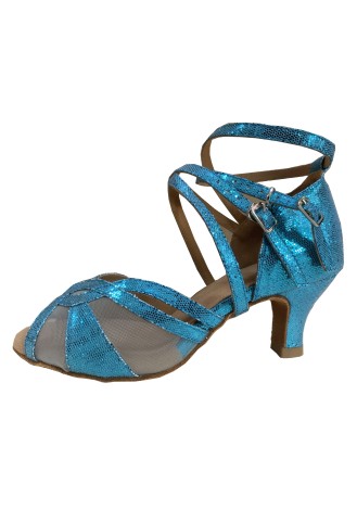 Sparkling blue Latin rhythm dance shoes with crisscross straps and a mesh toe. Perfect for your next performance.
