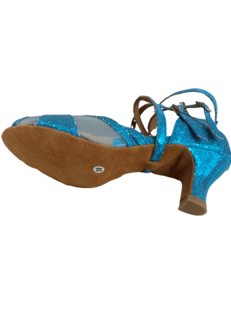 Sparkling blue Latin rhythm dance shoes with crisscross straps and a mesh toe. Perfect for your next performance.