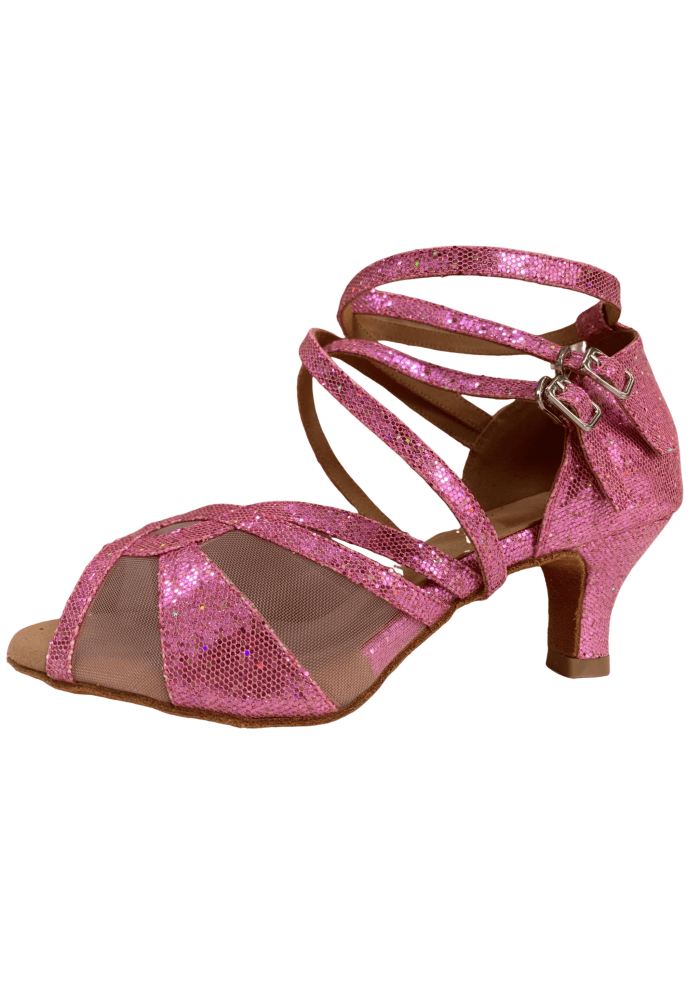 Pink Latin Rhythm dance shoes with a mesh toe and crisscross straps. Perfect for your next performance.
