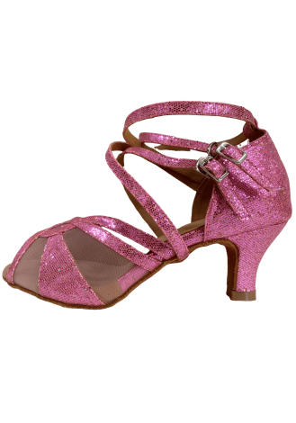 Pink Latin Rhythm dance shoes with a mesh toe and crisscross straps. Perfect for your next performance.