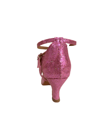 Pink Latin Rhythm dance shoes with a mesh toe and crisscross straps. Perfect for your next performance.