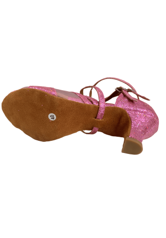 Pink Latin Rhythm dance shoes with a mesh toe and crisscross straps. Perfect for your next performance.