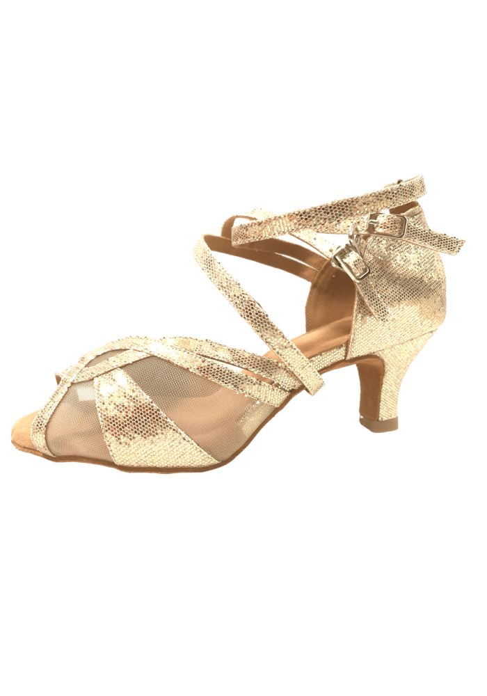 Sparkling gold Latin rhythm dance shoes, perfect for your next performance.