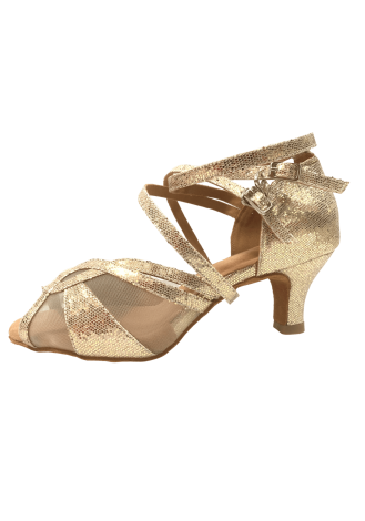 Sparkling gold Latin rhythm dance shoes, perfect for your next performance.