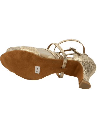 Sparkling gold Latin rhythm dance shoes, perfect for your next performance.