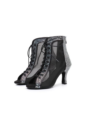 Sparkle on the dance floor in these dazzling Latin rhythm dance shoes. The black mesh and rhinestone detailing adds a touch of 