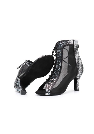 Sparkle on the dance floor in these dazzling Latin rhythm dance shoes. The black mesh and rhinestone detailing adds a touch of 