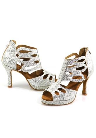 Sparkling silver Latin dance shoes with cut-out details.