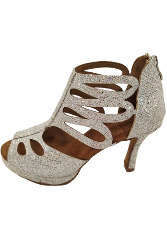 Sparkling silver Latin dance shoes with cut-out details.